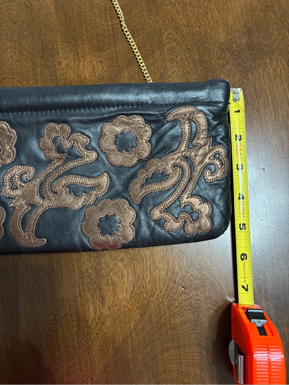 Women's Black Leather Clutch with Brown Floral Embroidery